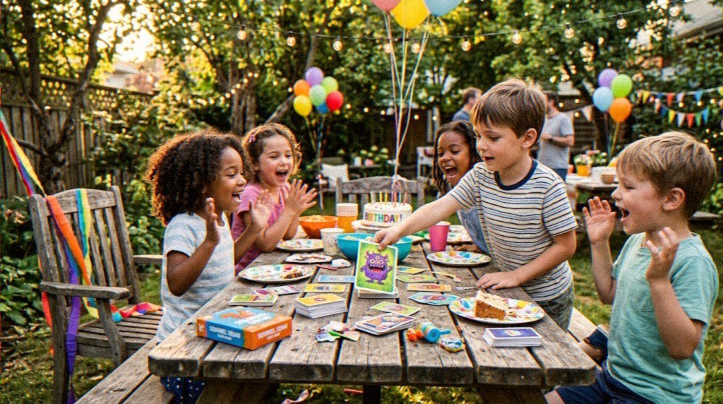 Outdoor birthday party, kid flipping a Grump