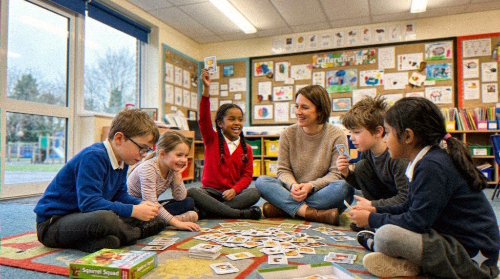 Classroom circle, kid holding a trophy card