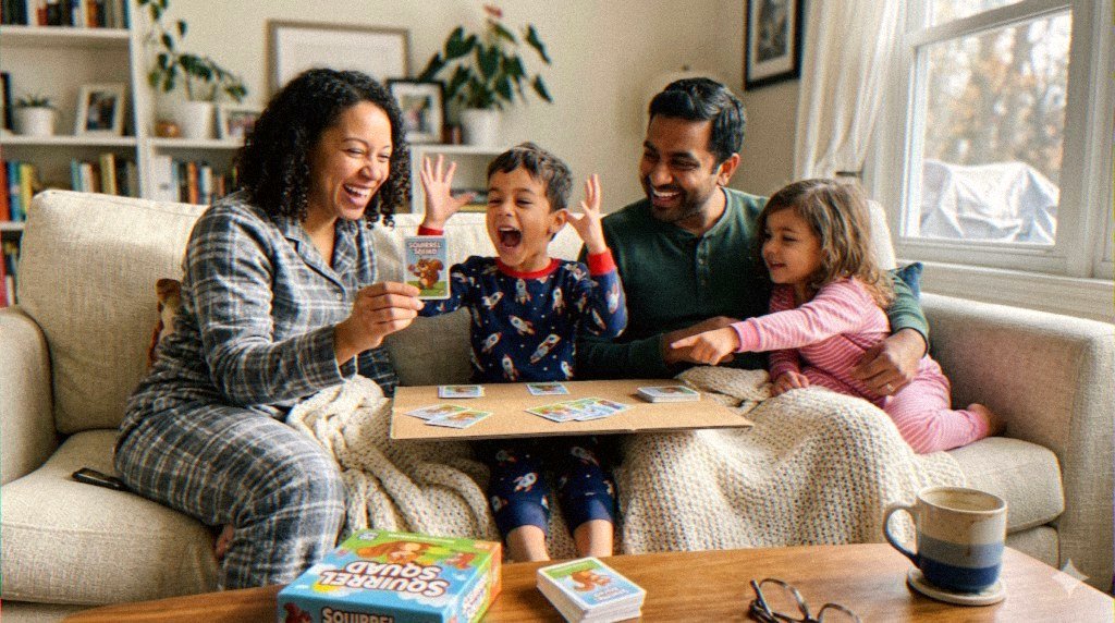 Parent and two kids on the couch playing